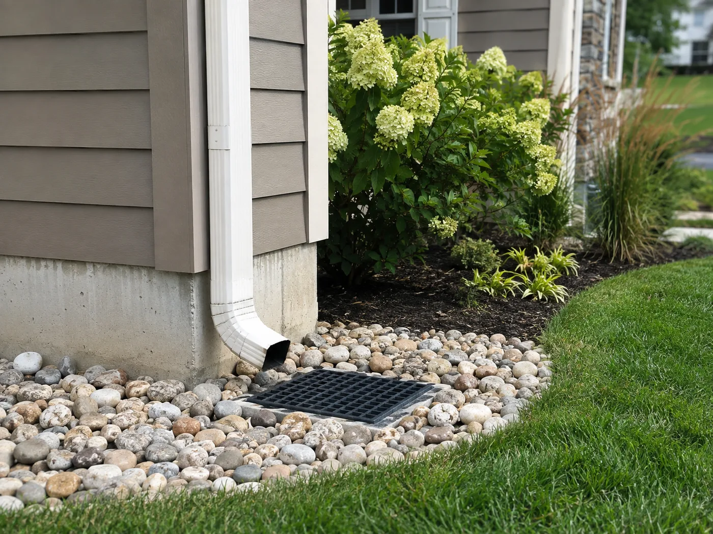 A downspout draining into a grated catch basin surrounded by river rock along a home's foundation