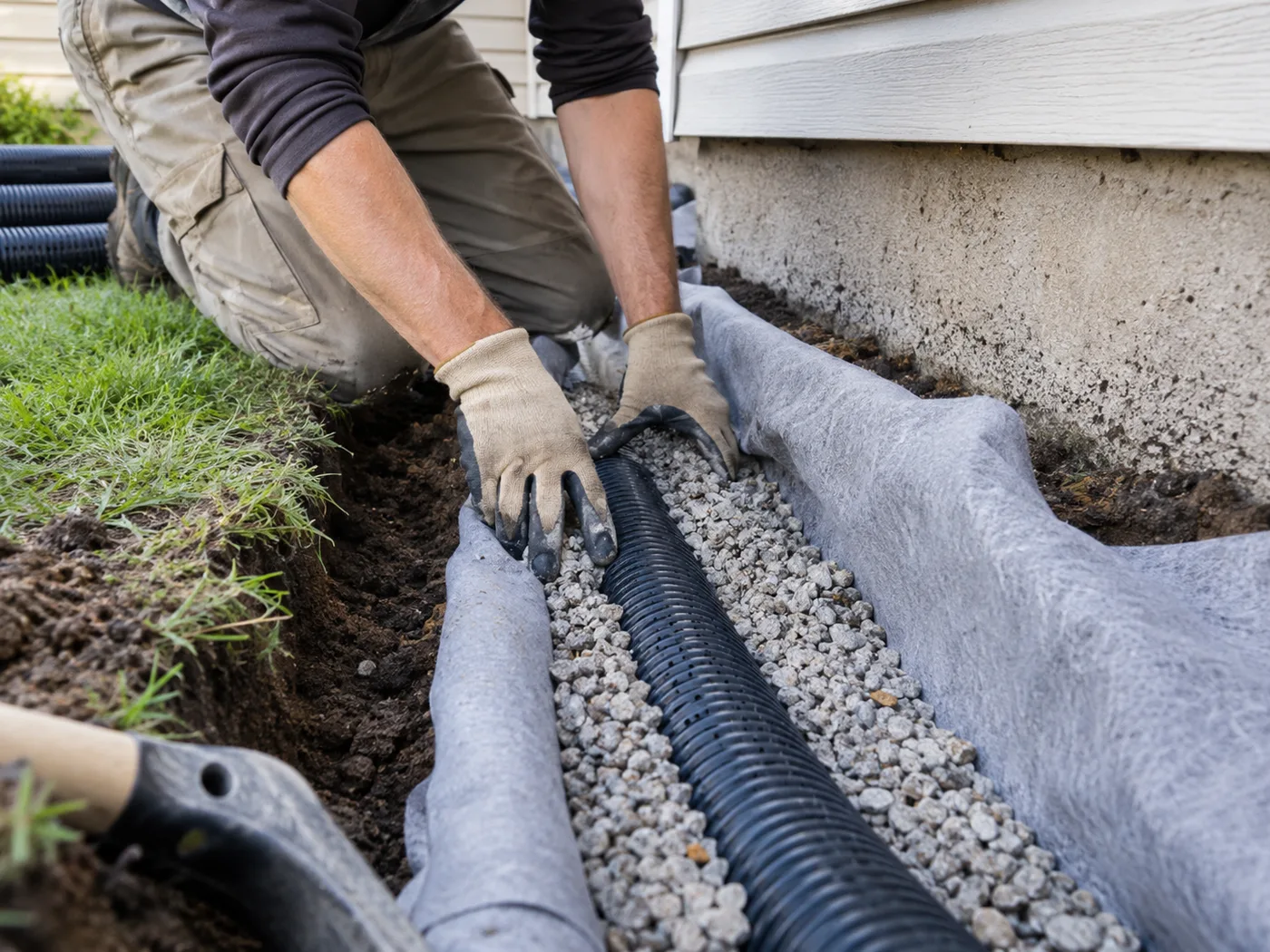 Close-up of a French drain trench being installed, with perforated pipe set in gravel and wrapped in landscape fabric