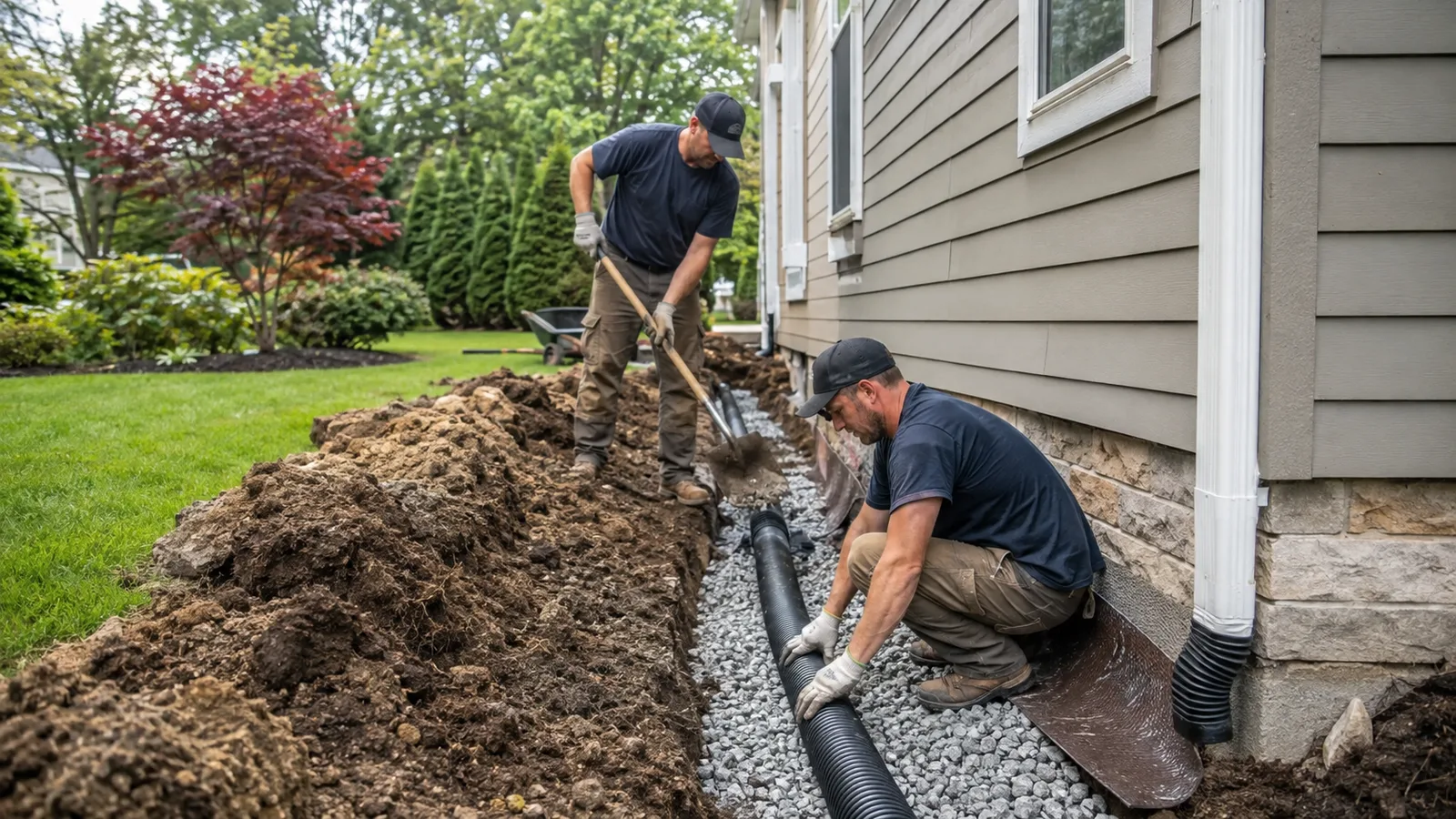 Two workers digging a French drain trench along a home's foundation and setting perforated pipe in gravel