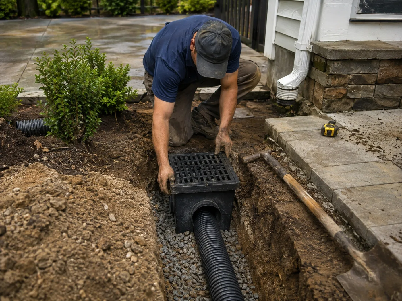 A worker installing a grated catch basin connected to corrugated drain pipe near a home's foundation