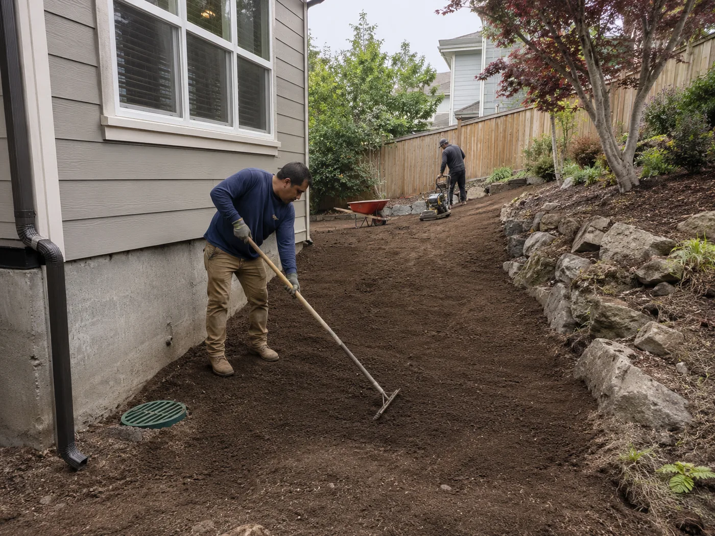 Workers grading and raking soil in a backyard near a drainage catch basin